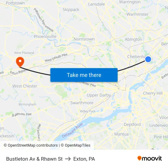 Bustleton Av & Rhawn St to Exton, PA map
