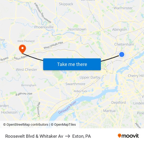 Roosevelt Blvd & Whitaker Av to Exton, PA map