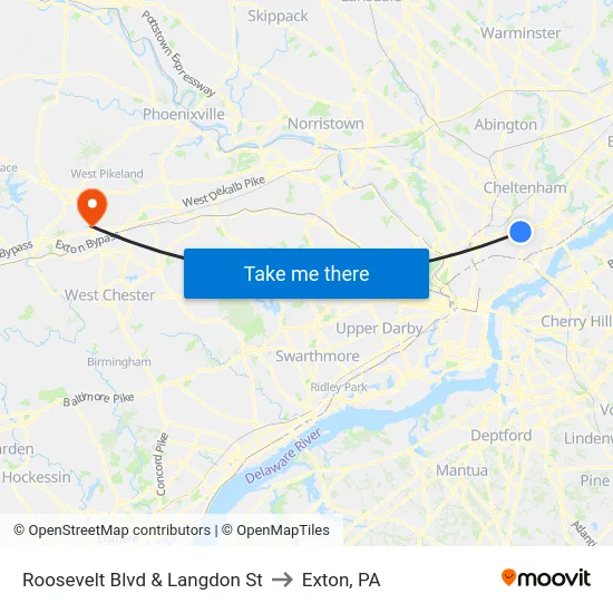 Roosevelt Blvd & Langdon St to Exton, PA map