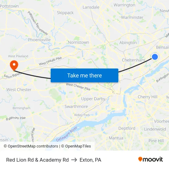 Red Lion Rd & Academy Rd to Exton, PA map