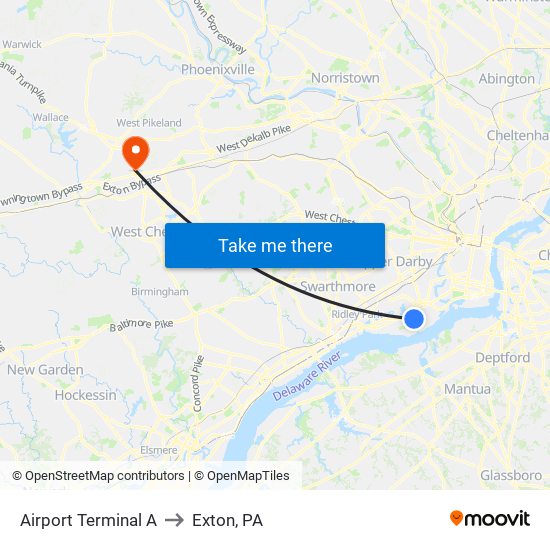 Airport Terminal A to Exton, PA map