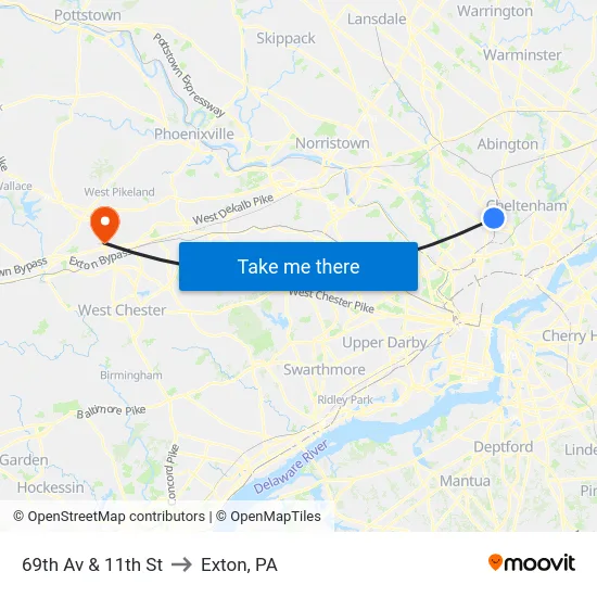 69th Av & 11th St to Exton, PA map