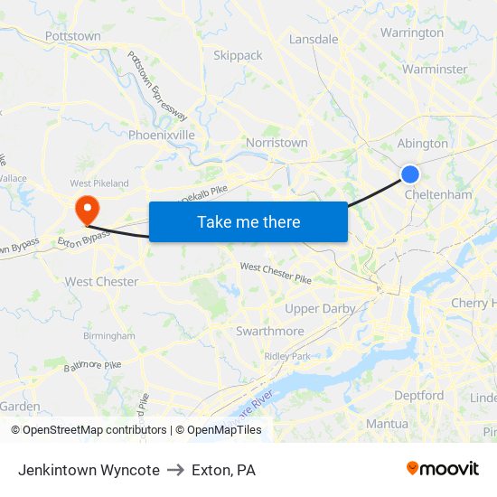 Jenkintown Wyncote to Exton, PA map