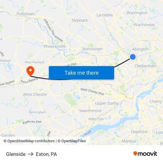 Glenside to Exton, PA map