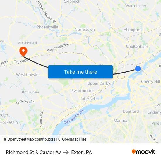 Richmond St & Castor Av to Exton, PA map
