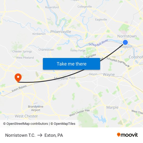 Norristown T.C. to Exton, PA map