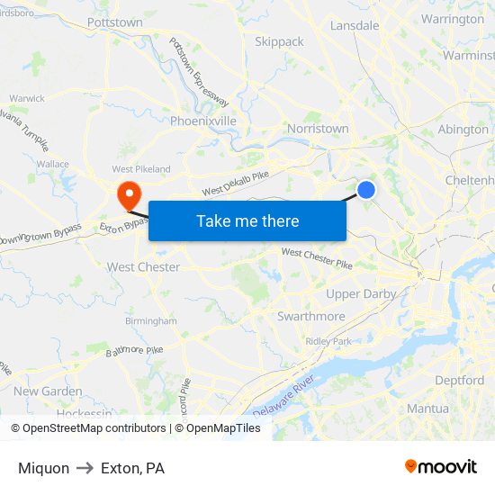 Miquon to Exton, PA map