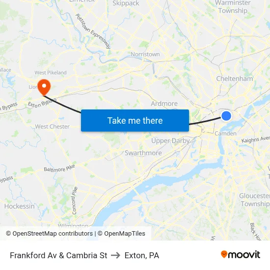 Frankford Av & Cambria St to Exton, PA map