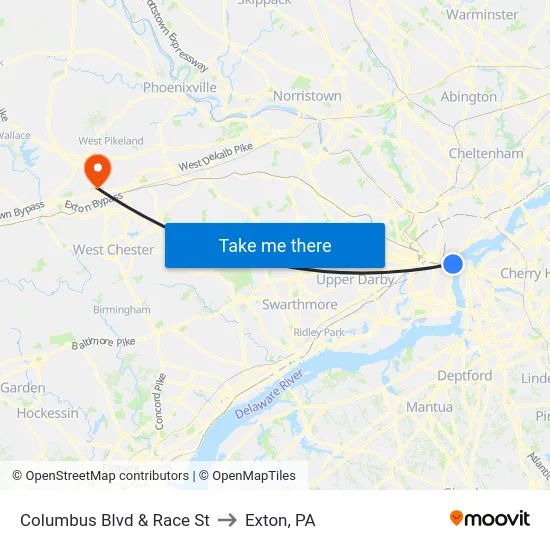Columbus Blvd & Race St to Exton, PA map