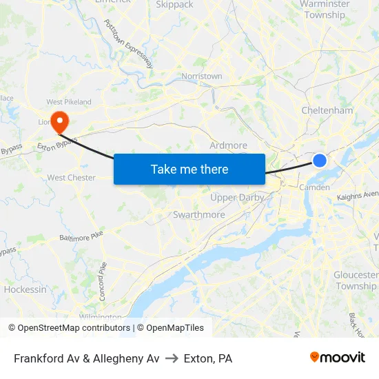 Frankford Av & Allegheny Av to Exton, PA map
