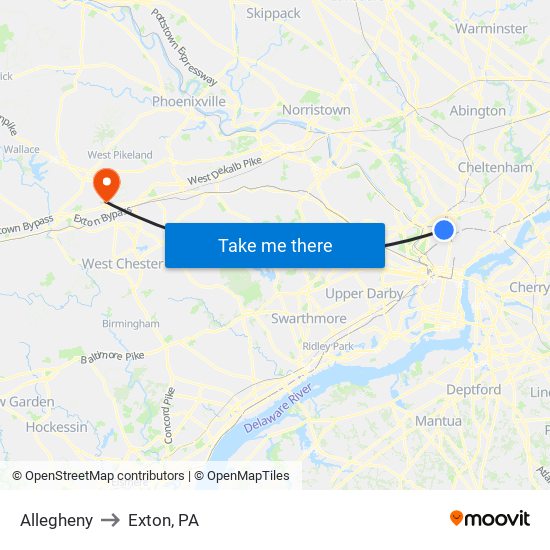 Allegheny to Exton, PA map