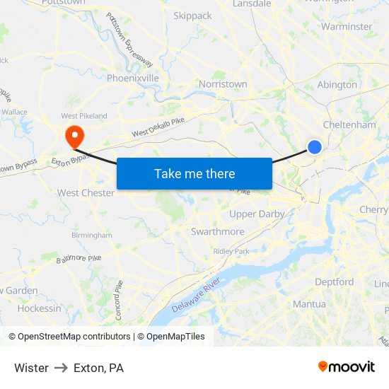 Wister to Exton, PA map