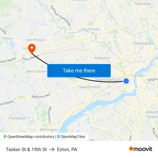 Tasker St & 19th St to Exton, PA map