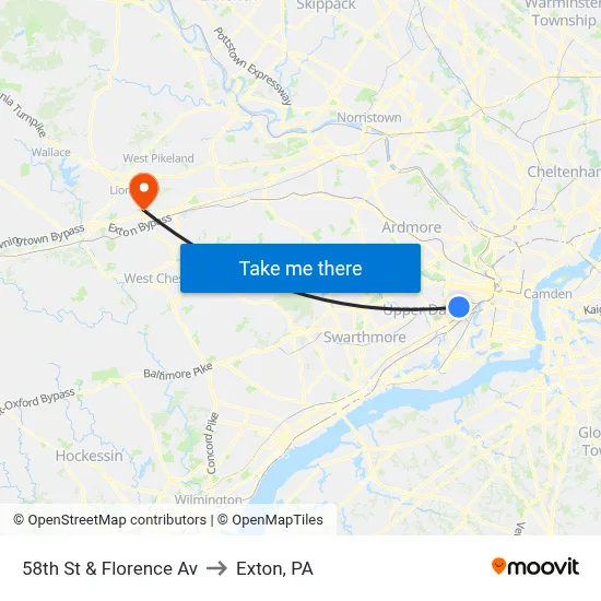 58th St & Florence Av to Exton, PA map