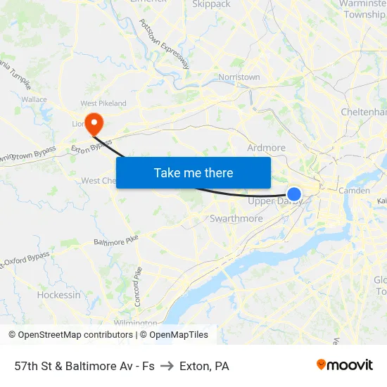 57th St & Baltimore Av - Fs to Exton, PA map