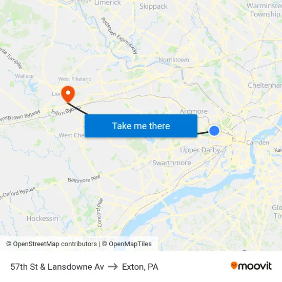 57th St & Lansdowne Av to Exton, PA map