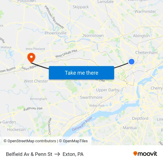 Belfield Av & Penn St to Exton, PA map