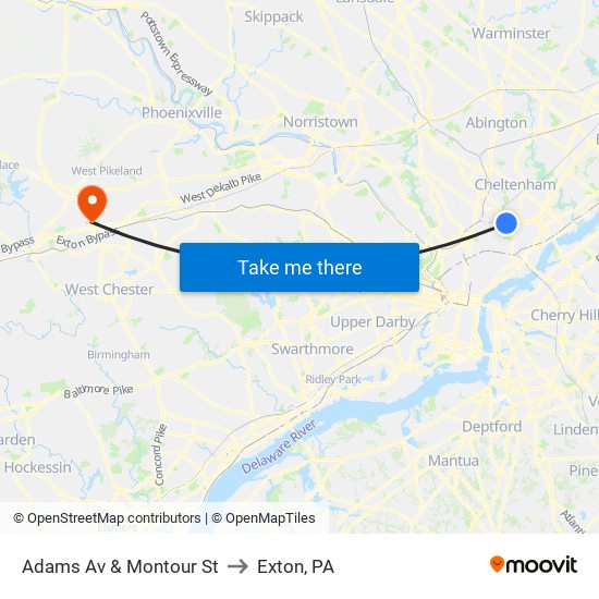 Adams Av & Montour St to Exton, PA map