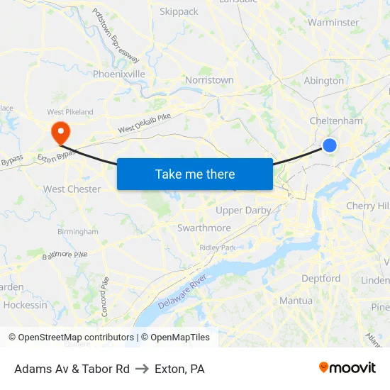 Adams Av & Tabor Rd to Exton, PA map