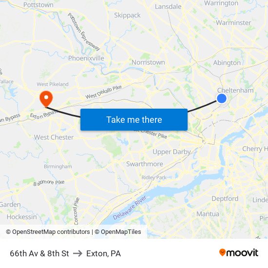 66th Av & 8th St to Exton, PA map