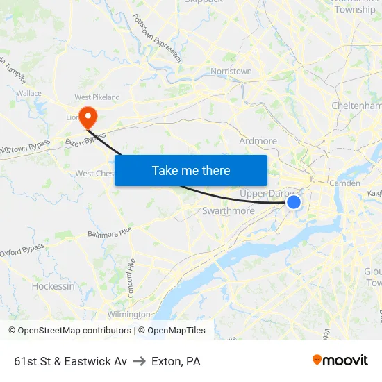 61st St & Eastwick Av to Exton, PA map
