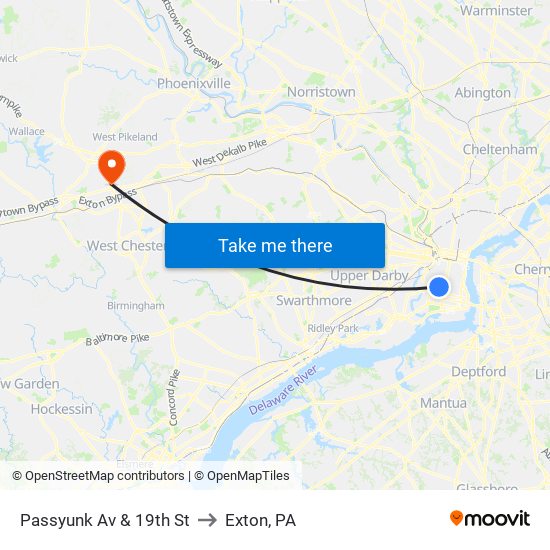 Passyunk Av & 19th St to Exton, PA map
