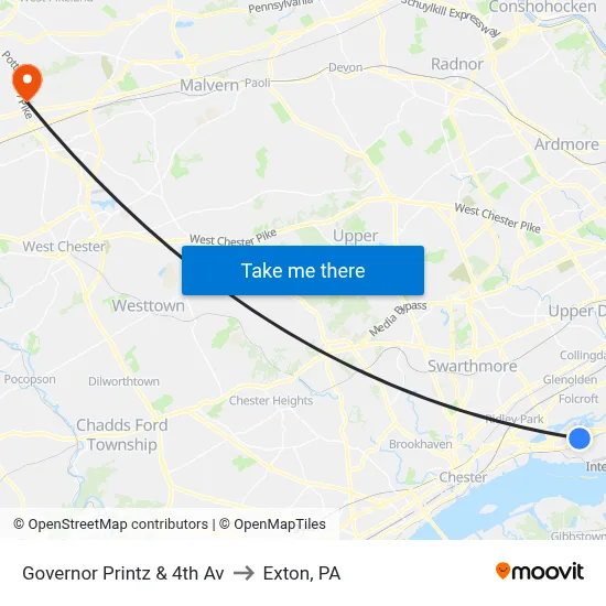Governor Printz & 4th Av to Exton, PA map