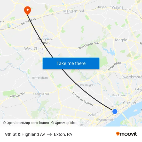9th St & Highland Av to Exton, PA map
