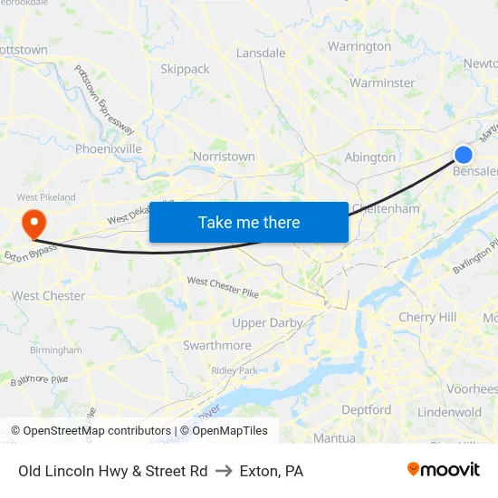 Old Lincoln Hwy & Street Rd to Exton, PA map