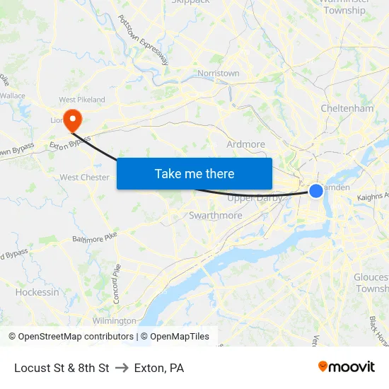 Locust St & 8th St to Exton, PA map