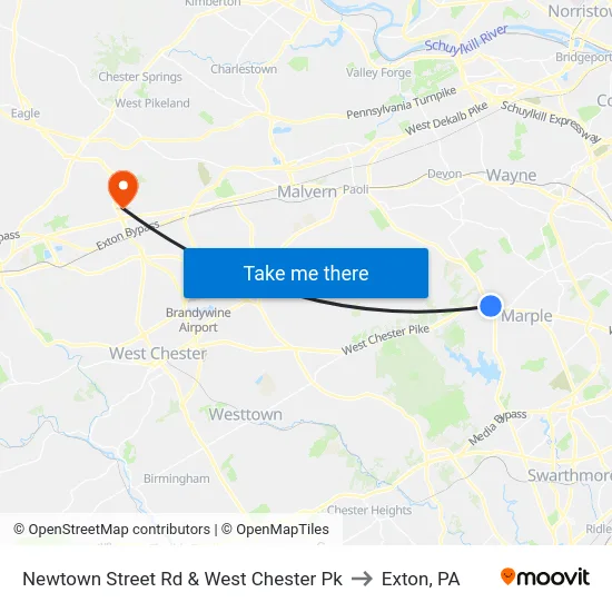 Newtown Street Rd & West Chester Pk to Exton, PA map