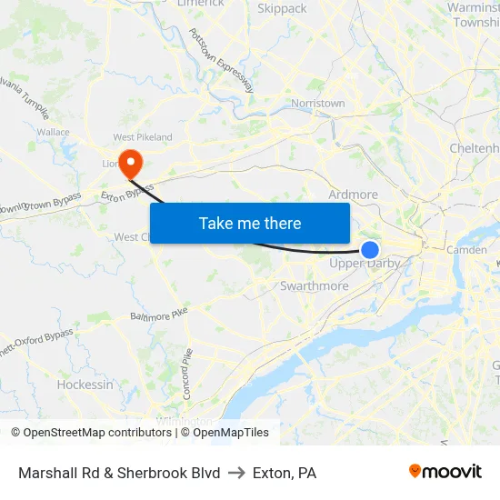 Marshall Rd & Sherbrook Blvd to Exton, PA map