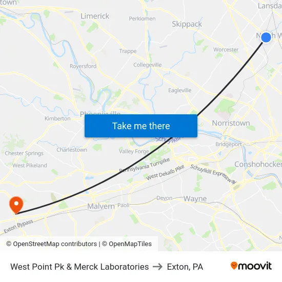 West Point Pk & Merck Laboratories to Exton, PA map