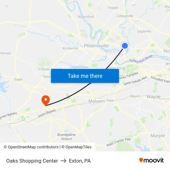 Oaks Shopping Center to Exton, PA map