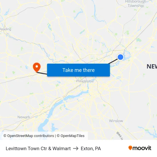 Levittown Town Ctr & Walmart to Exton, PA map
