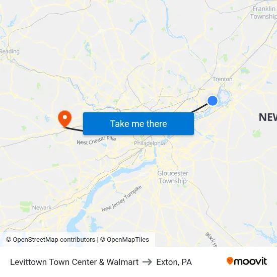 Levittown Town Center & Walmart to Exton, PA map