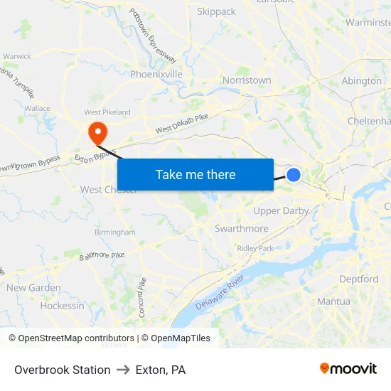Overbrook Station to Exton, PA map