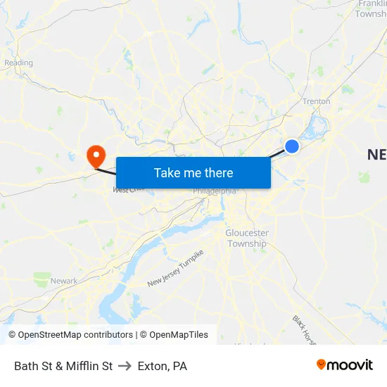 Bath St & Mifflin St to Exton, PA map