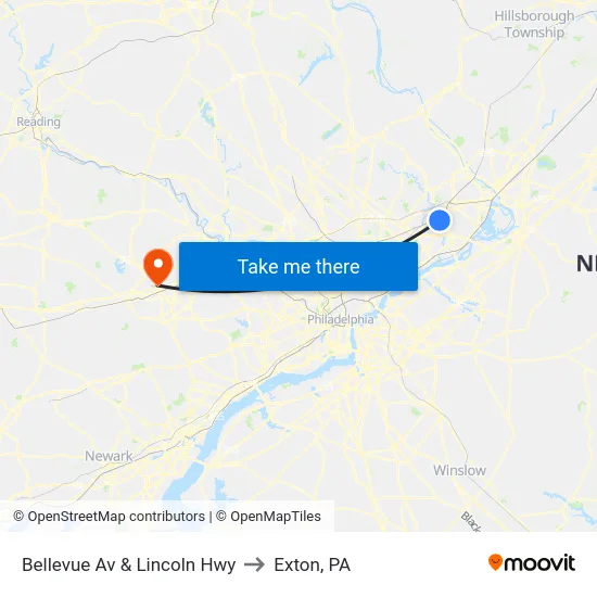 Bellevue Av & Lincoln Hwy to Exton, PA map