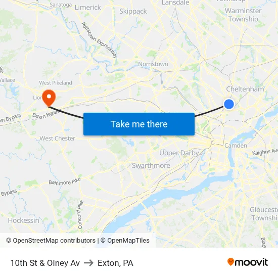 10th St & Olney Av to Exton, PA map