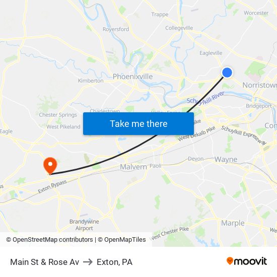 Main St & Rose Av to Exton, PA map