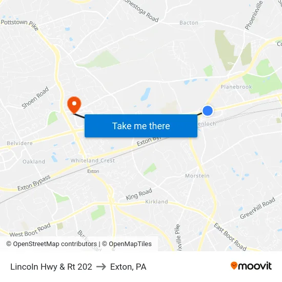 Lincoln Hwy & Rt 202 to Exton, PA map