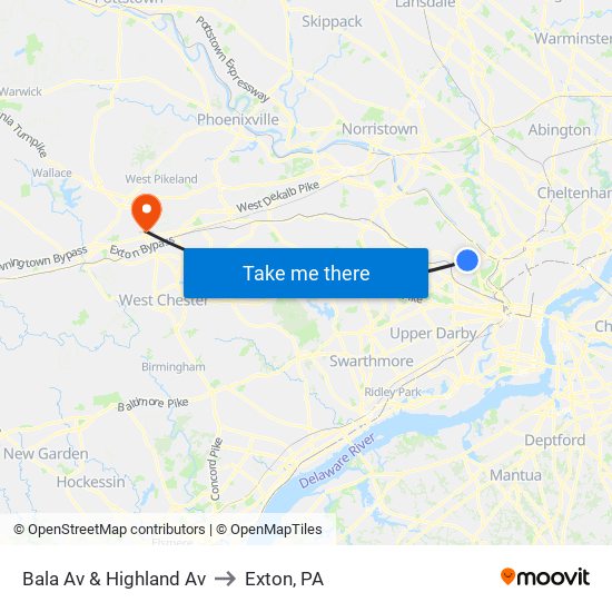 Bala Av & Highland Av to Exton, PA map