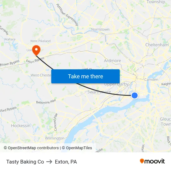 Tasty Baking Co to Exton, PA map
