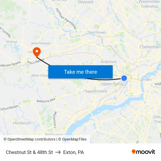 Chestnut St & 48th St to Exton, PA map