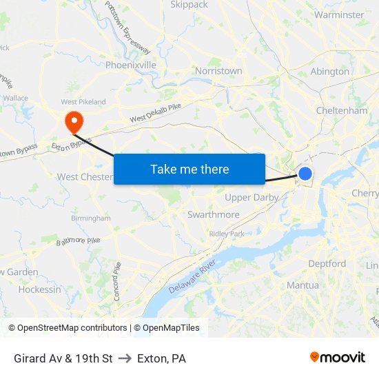 Girard Av & 19th St to Exton, PA map