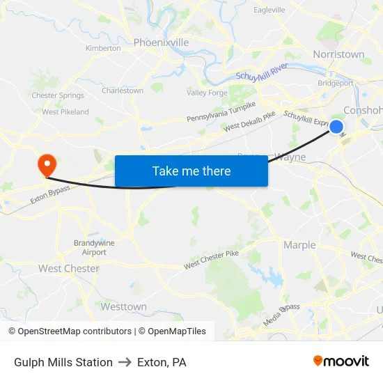 Gulph Mills Station to Exton, PA map