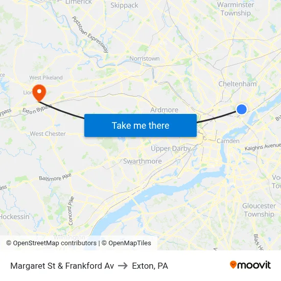 Margaret St & Frankford Av to Exton, PA map