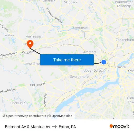Belmont Av & Mantua Av to Exton, PA map