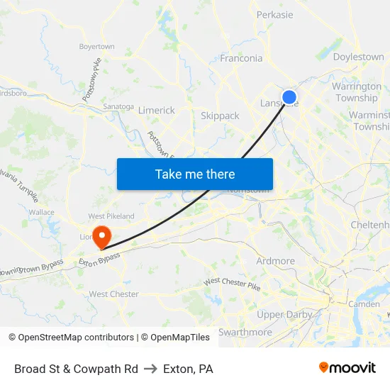 Broad St & Cowpath Rd to Exton, PA map